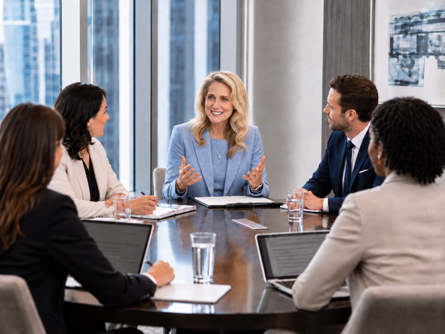 Jacqueline Grace leading a conversation in a boardroom